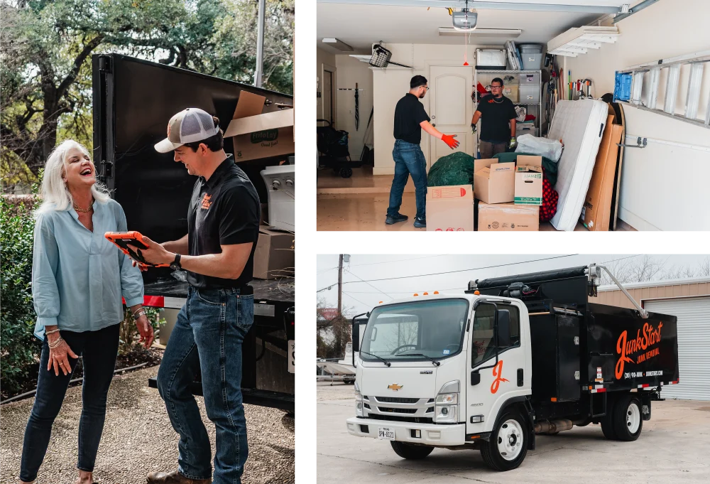 JunkStart crew members assist a smiling customer while clearing a garage and showcasing their removal truck.